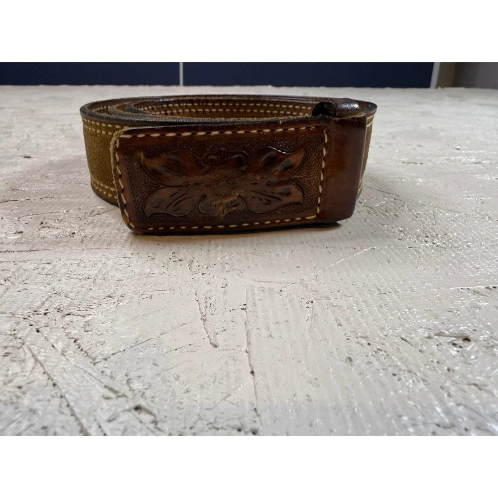 Men's Western‎ Tooled Leather Belt Floral Design Brown Suede Lined